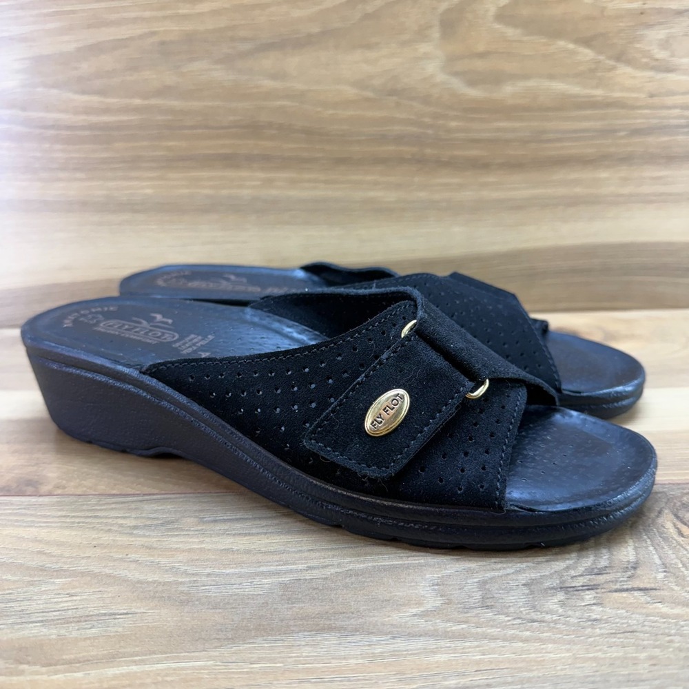 FLY FLOT Wedge Sandals Womens 10 EU 41 Black Suede Anatomic Comfort Walking